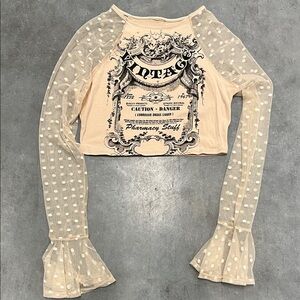 Vintage Graphic Long Sleeve Top with Polka Dot Mesh